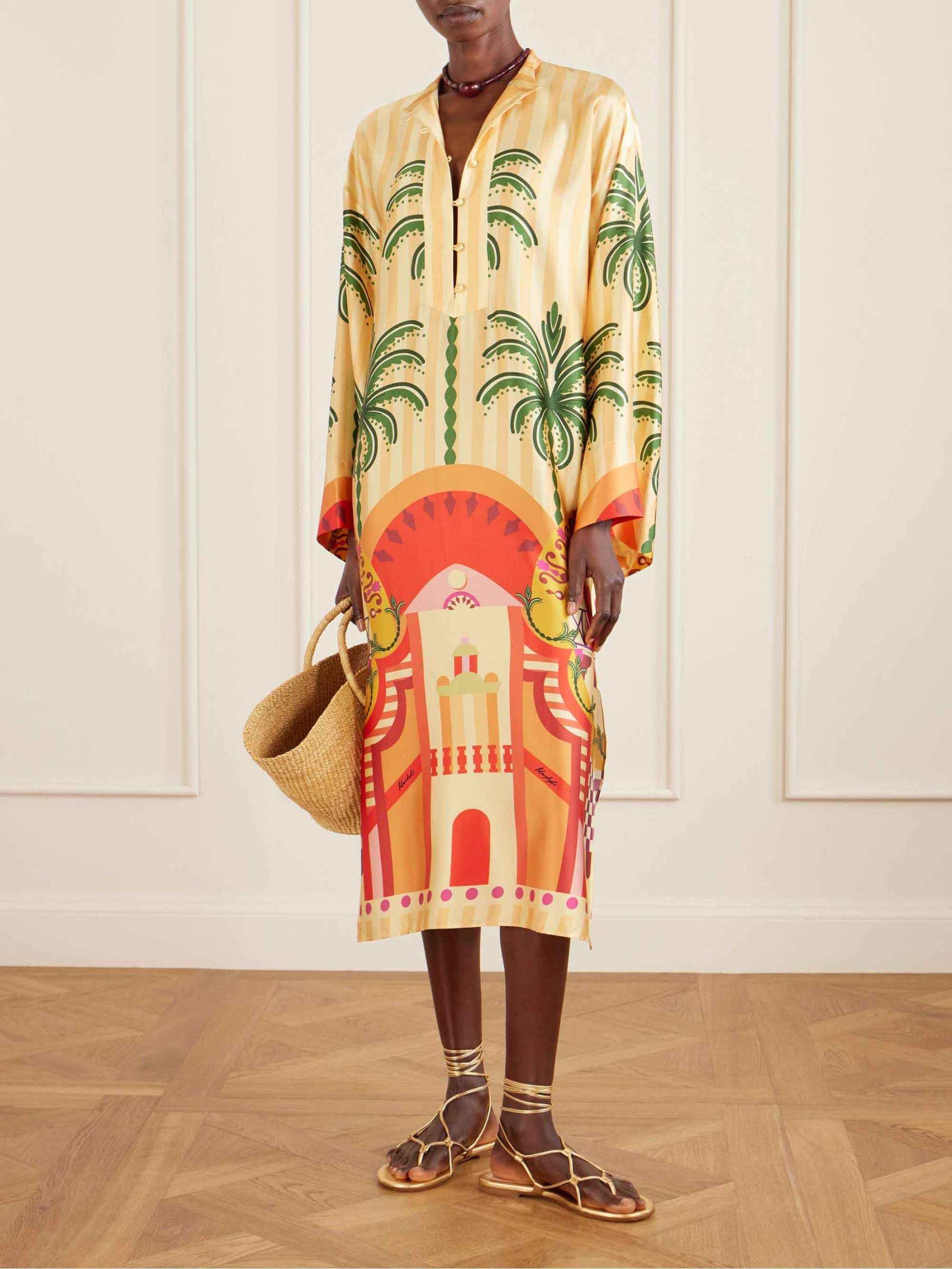 Unique Satin Palm Tree Print Loose Midi Dress