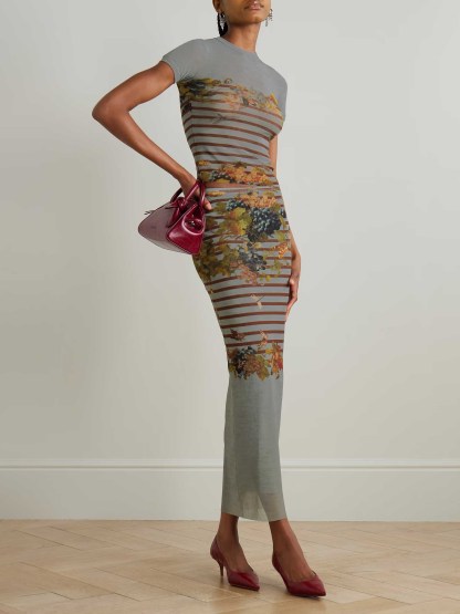 Artistic Floral Stripe Mesh Top & Midi Skirt Two-Piece Set