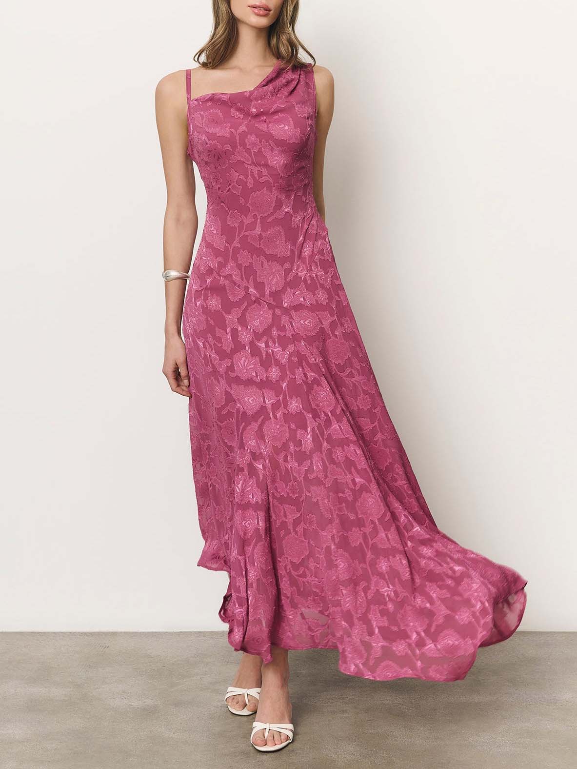 Elegant Floral Jacquard Asymmetrical One-Shoulder Maxi Dress