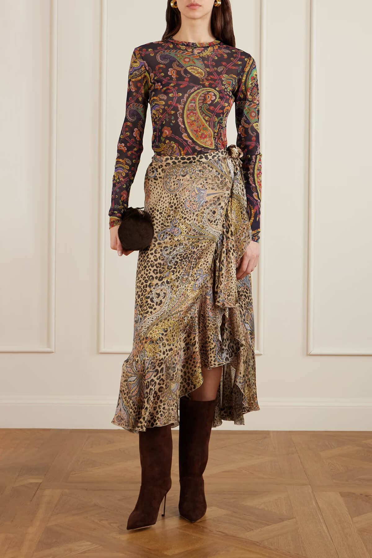 Unique Ruffled Leopard Print Paisley Satin Wrap Midi Skirt