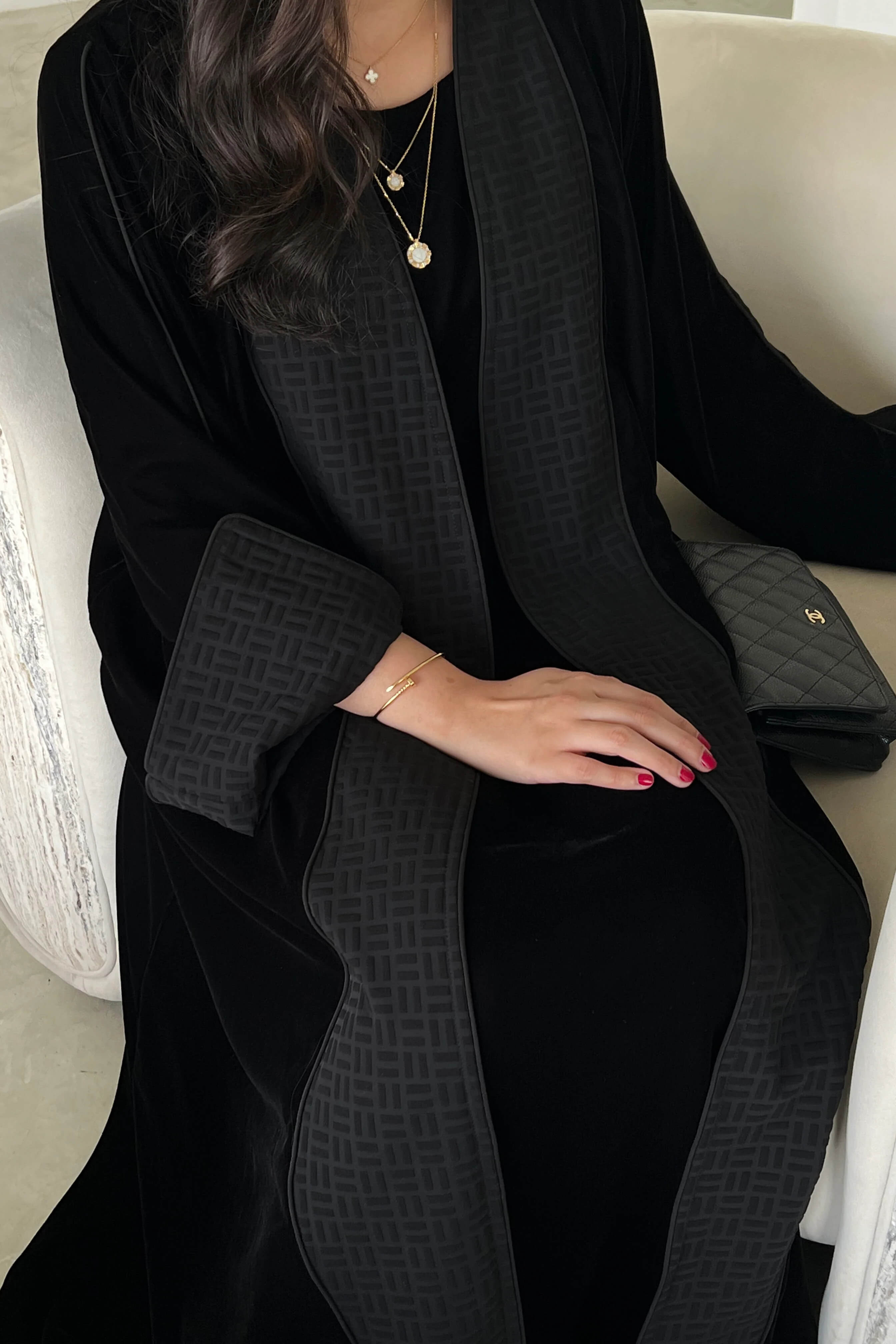 Elegant Black Printed Velvet Robe Cardigan