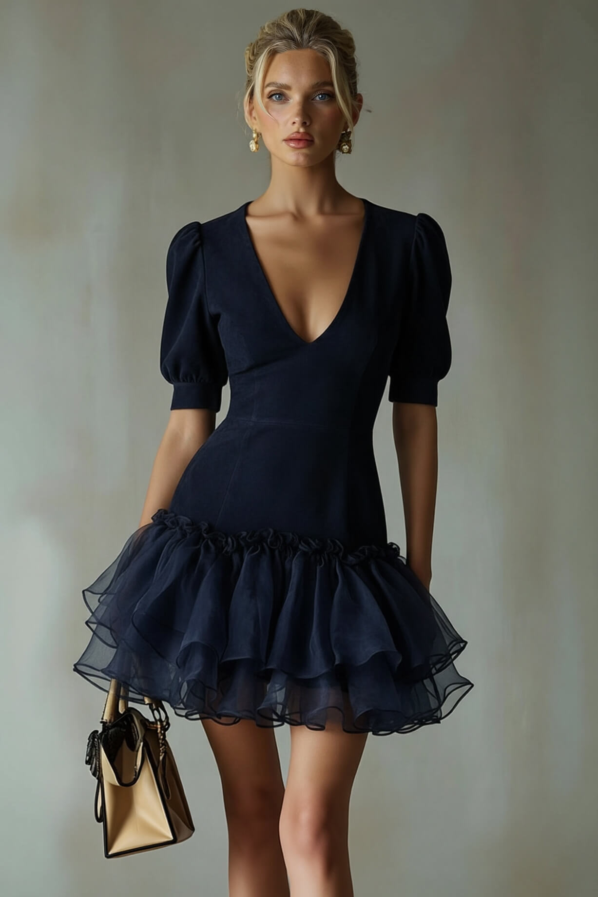 Delicate Puff-Sleeve With Layered Ruffled Hem Mini Dress