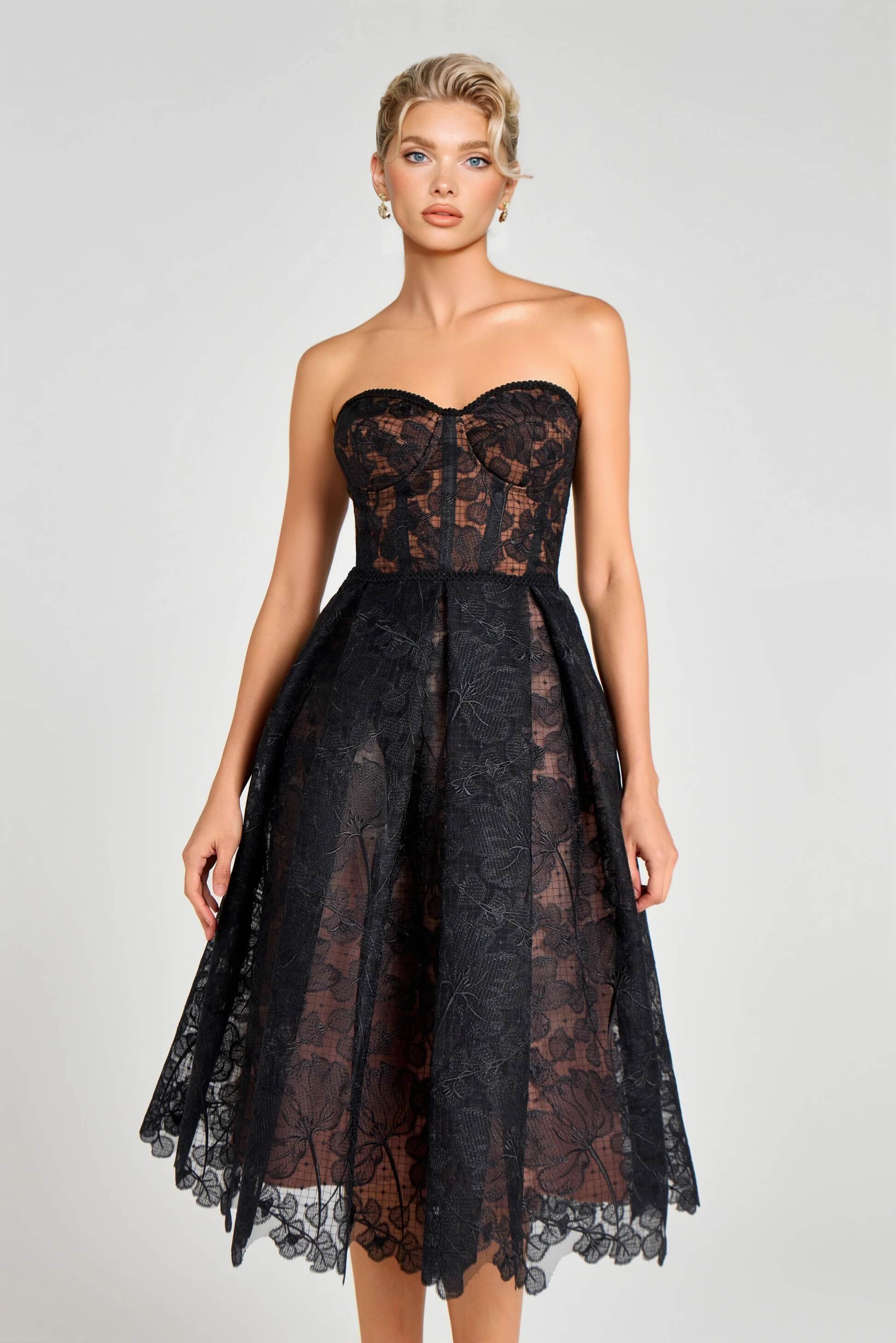 Exquisite Black Off-Shoulder Mesh Lace Cutout Midi Dress