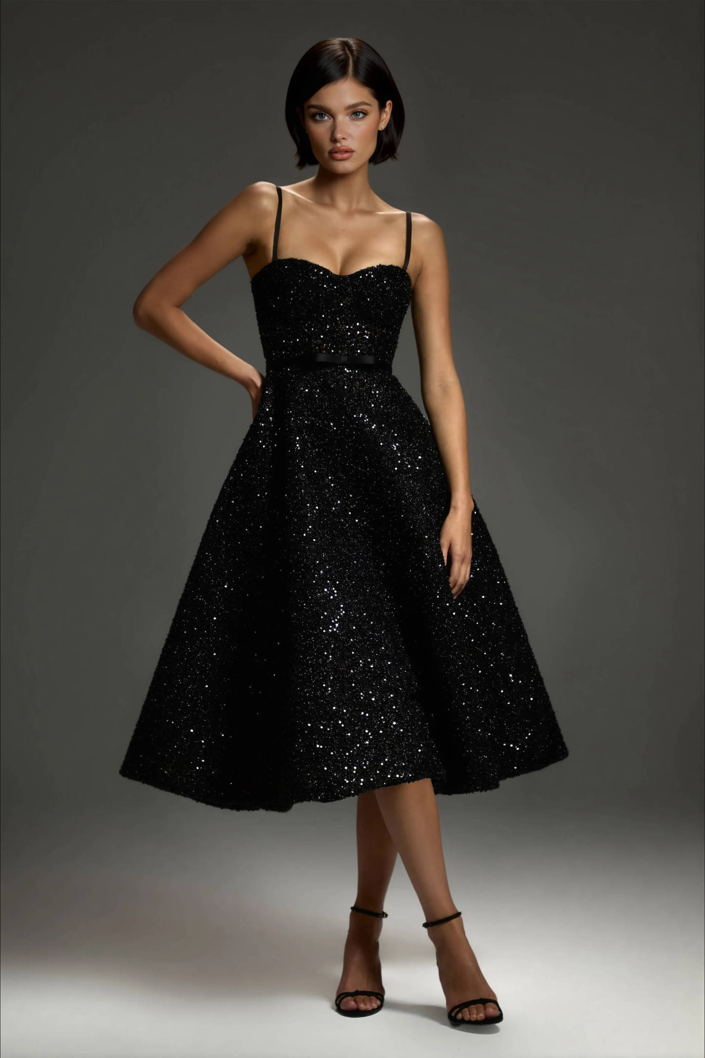 Exquisite Sequined Off-Shoulder Pleated Black A-Line Midi Dress