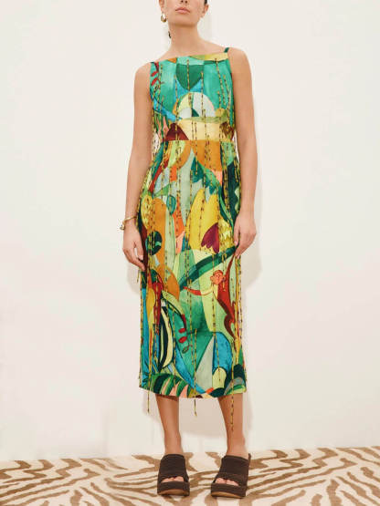 Exquisite Backless Printed Straight-Neck Fringe Midi Dress