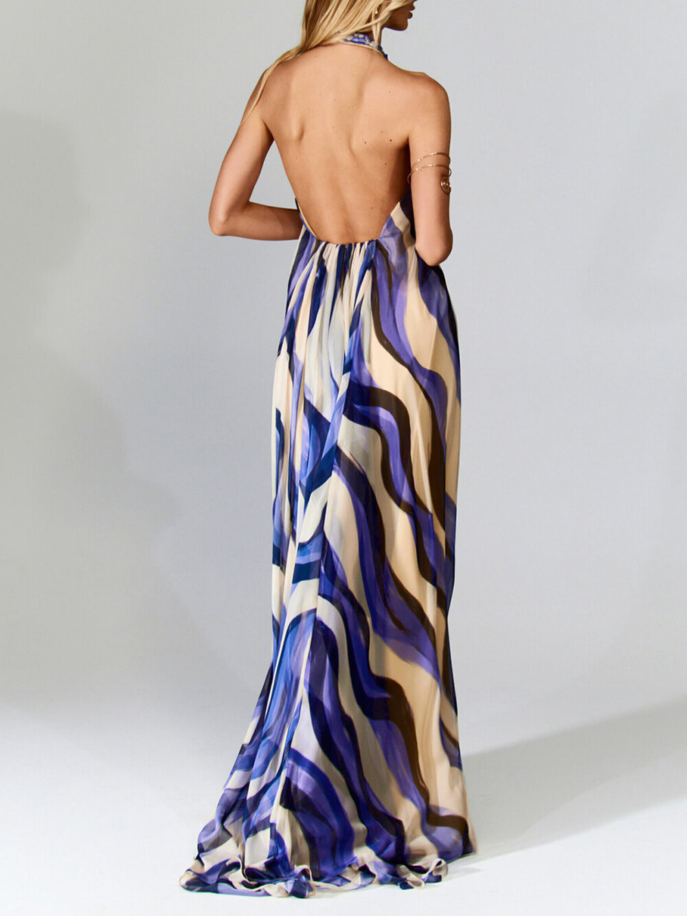 Elegant Vibrant Print Woven-Detail Backless Maxi Dress