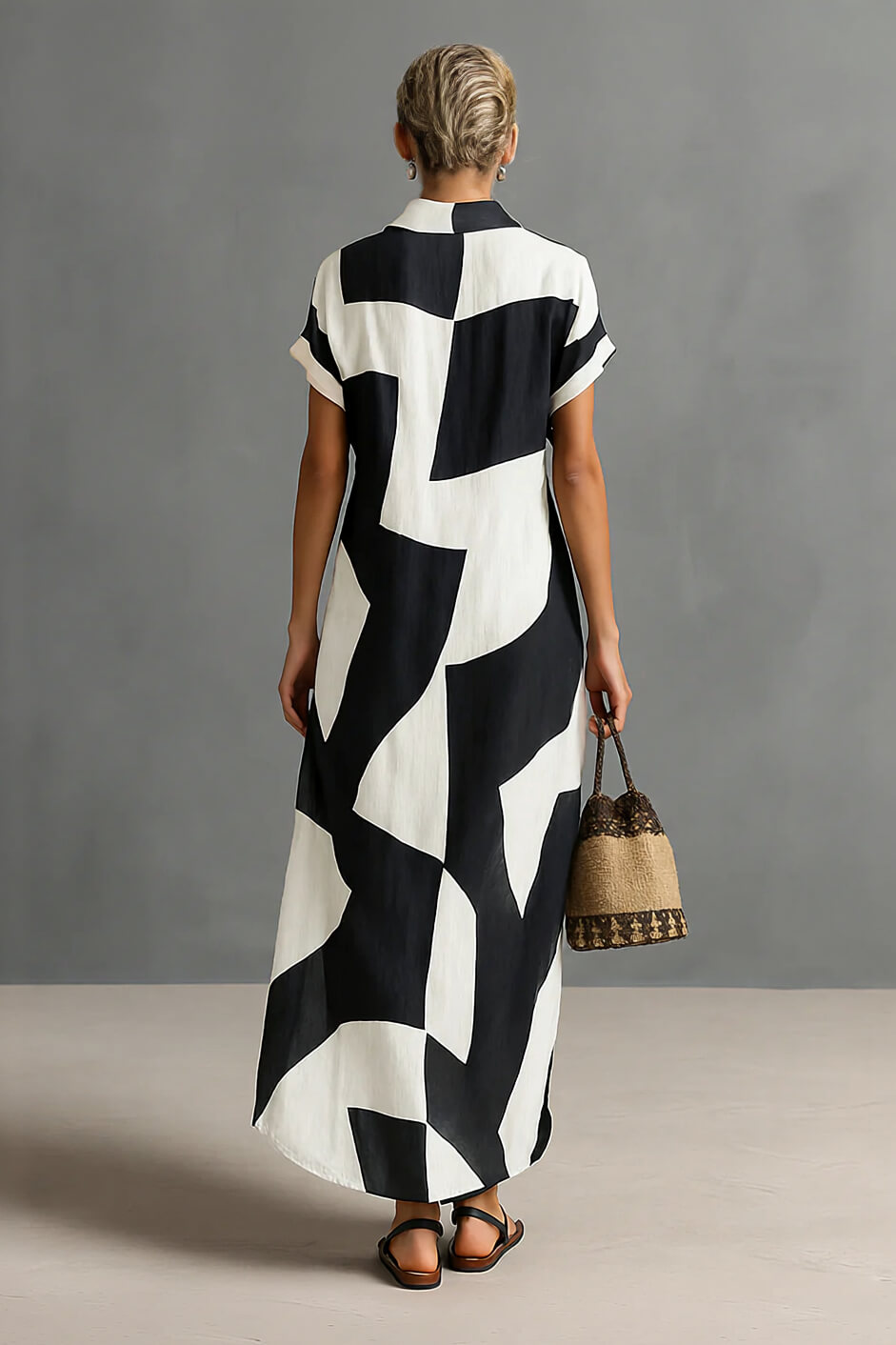 Exquisite Irregular Geometric Print Lapel Single-Breasted Short-Sleeved Maxi Shirt Dress