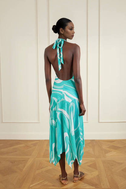 Retro Print Irregular Twill Trim Knit Backless Midi Dress