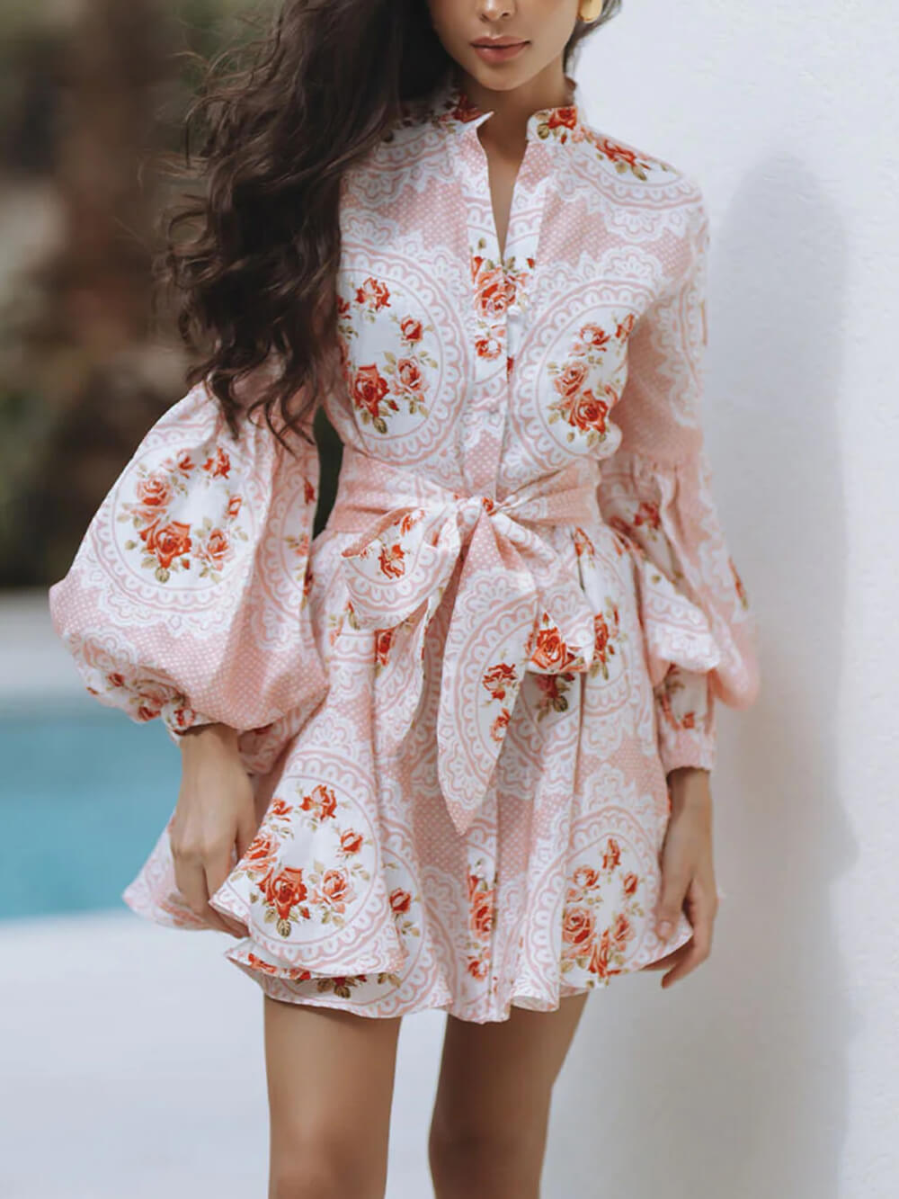 Elegant Rose Print Bow-Embellished Linen Mini Dress