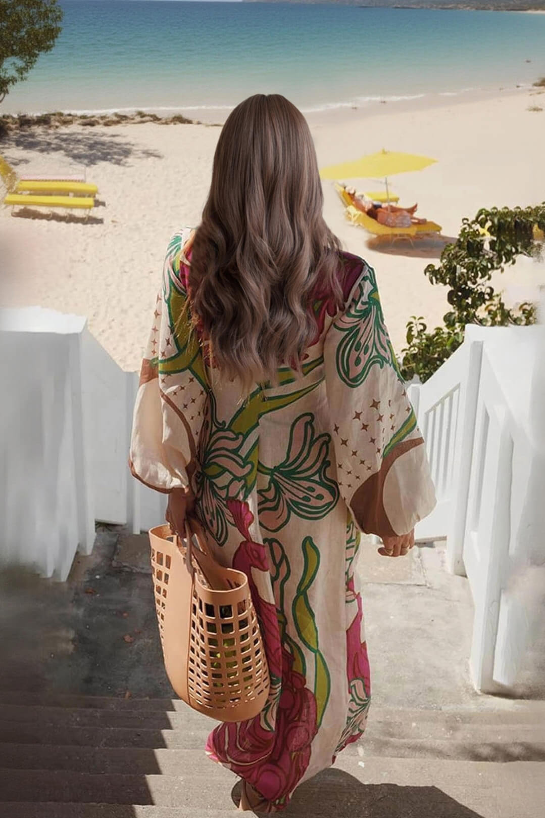 Elegant Linen Blend Unique Print Balloon Sleeve Tie-up Tunic Maxi Dress