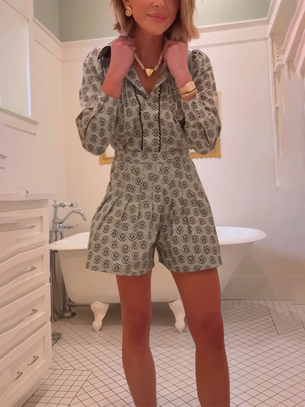 Retro Print Collared Long-Sleeve Shirt and High-Waisted Shorts Set