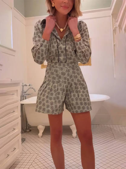 Retro Print Collared Long-Sleeve Shirt and High-Waisted Shorts Set
