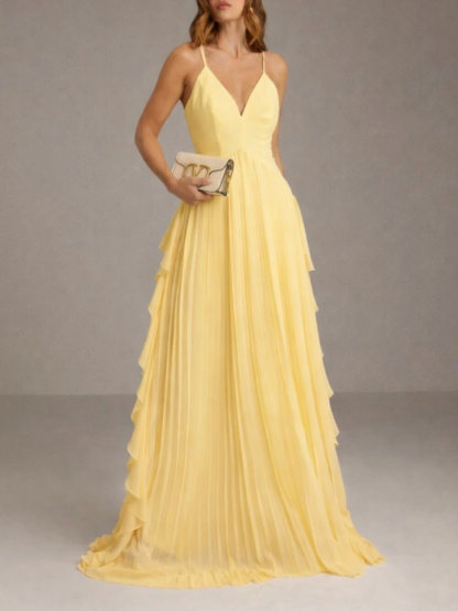 Delicate Yellow Layered Patchwork Ruched Party Maxi Dress
