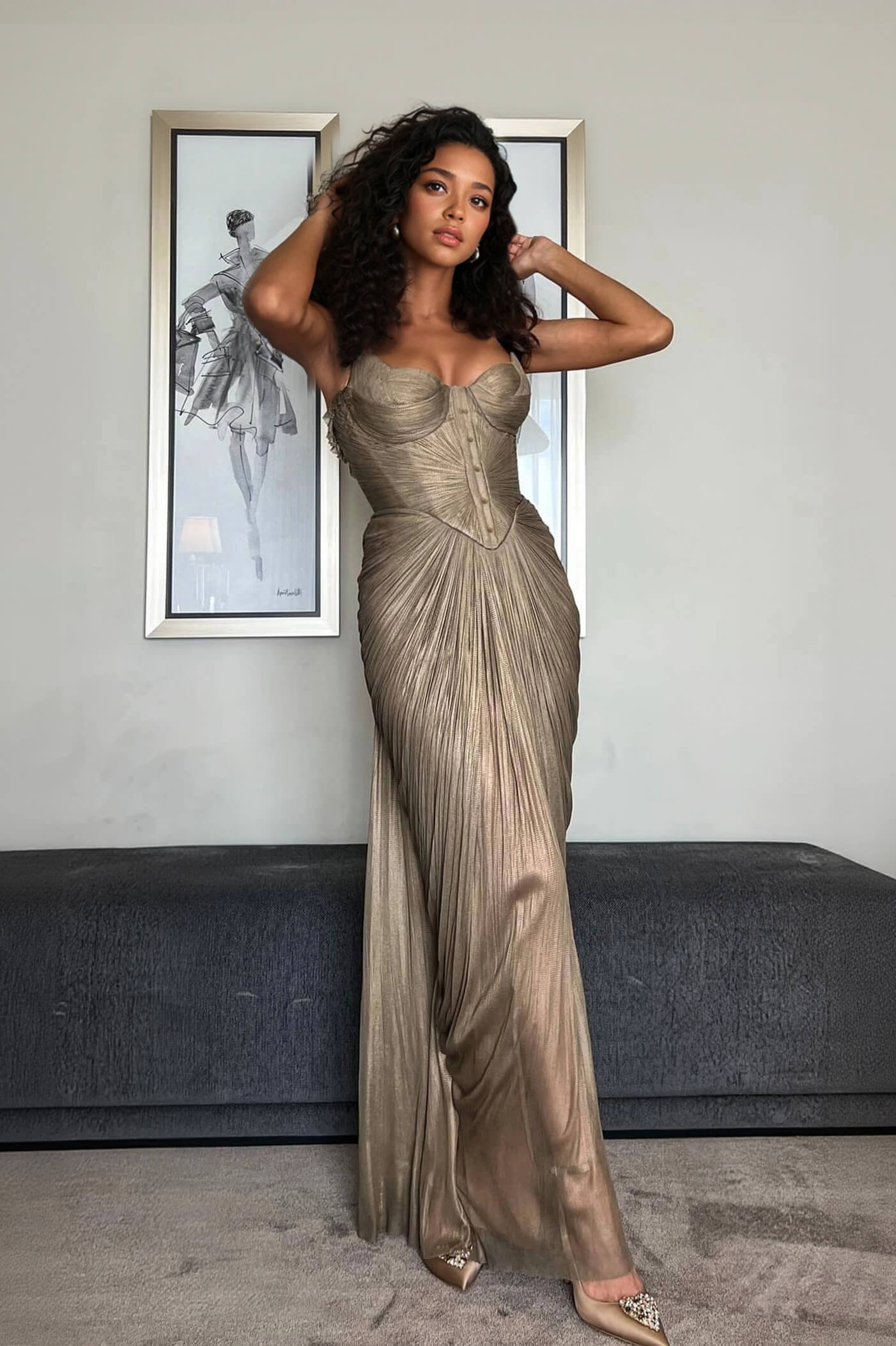 Elegant Pleated Metallic Tie-Waist Party Slit Gown Maxi Dress