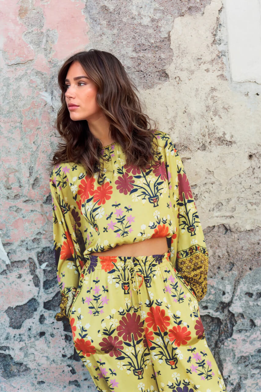 Unique Floral Print Elastic-Waist Wide-Leg Pants