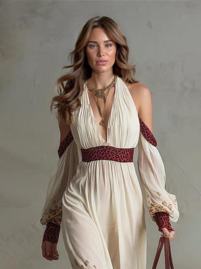Exquisite Vacation-style Leopard Print Chiffon Off-The-Shoulder Maxi Dress