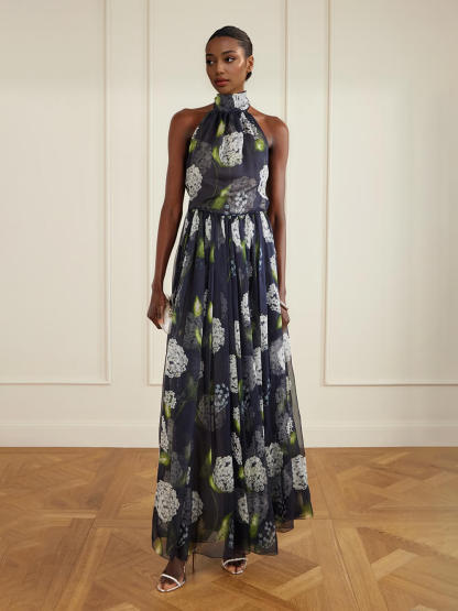 Fashionable Backless Printed Pleated Chiffon Maxi Dress