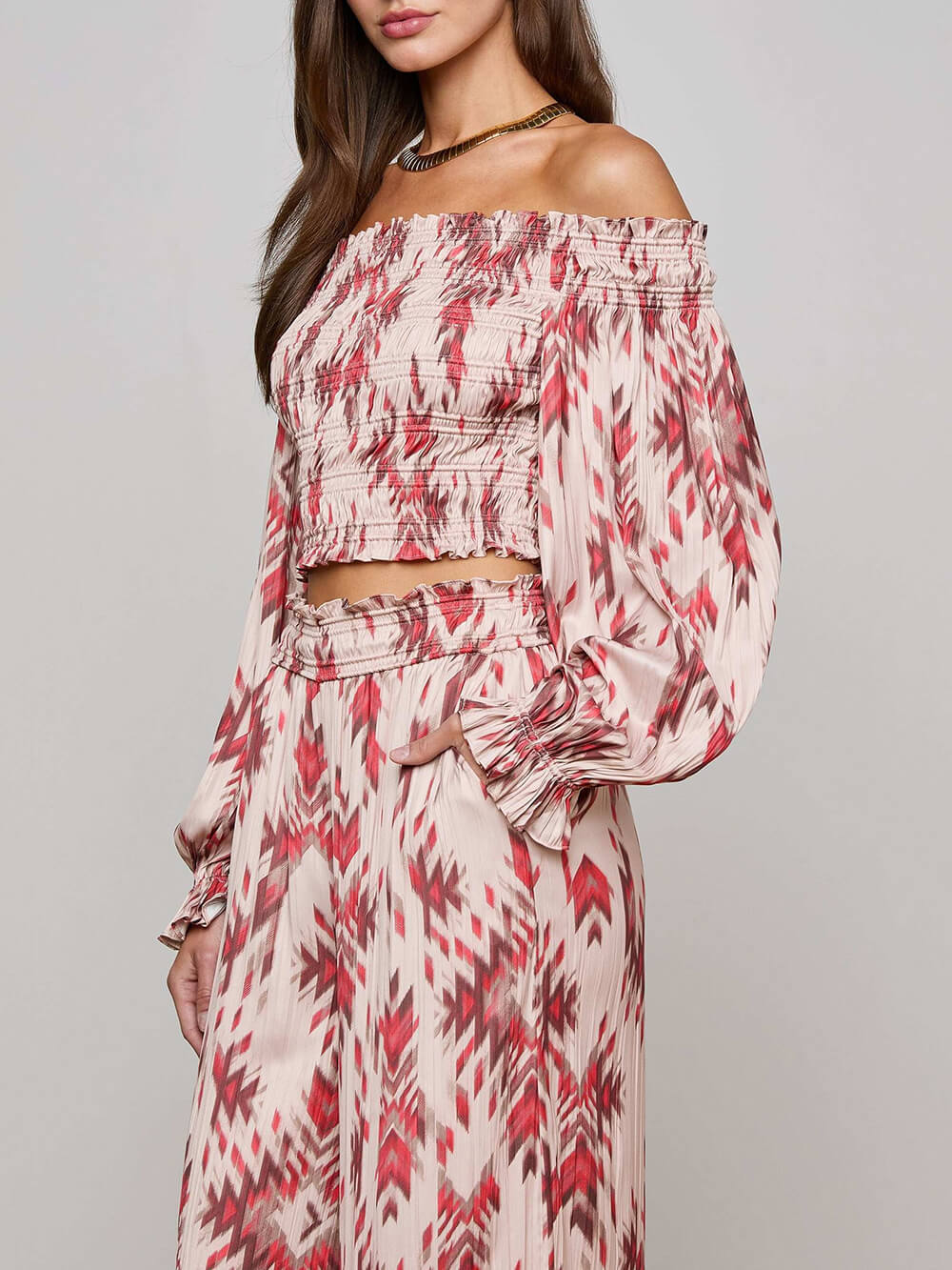 Retro Print Satin With Pleats Elastic Pockets Wide-Leg Pants