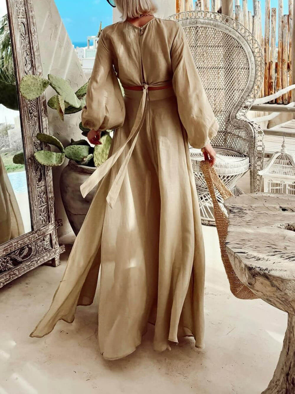 Bohemian Lantern Sleeve Tie-Front Top And High-Waisted Skirt Set