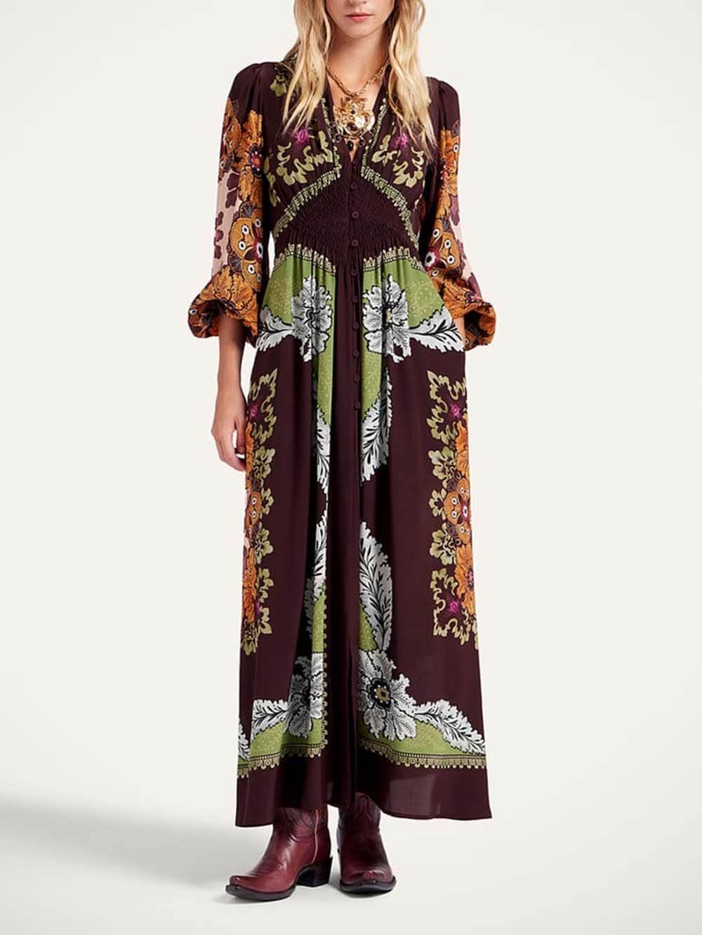 Unique Floral Print V-Neck Maxi Dress