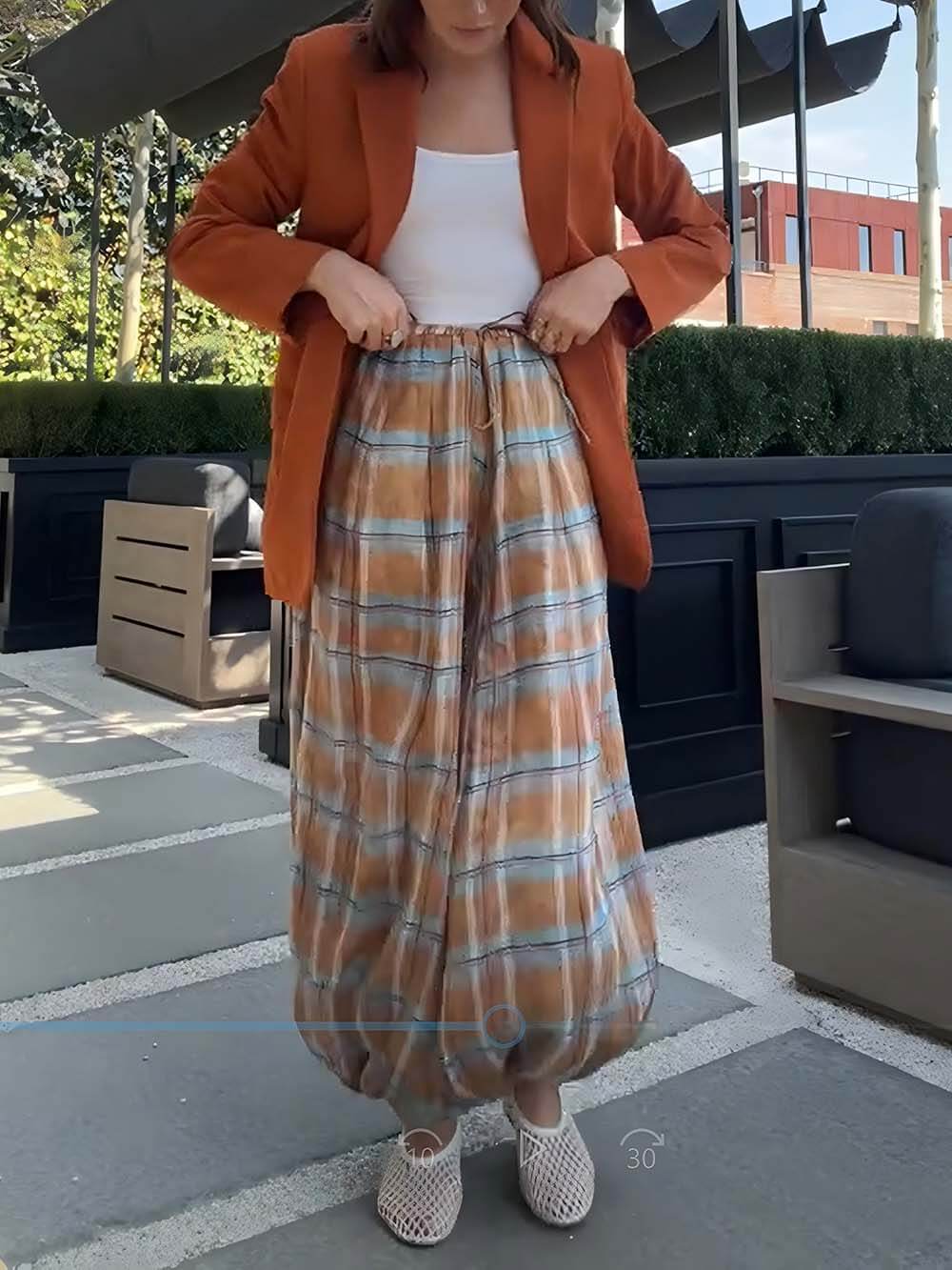 Unique Plaid Print Elastic Waist Tapered Lantern Pants