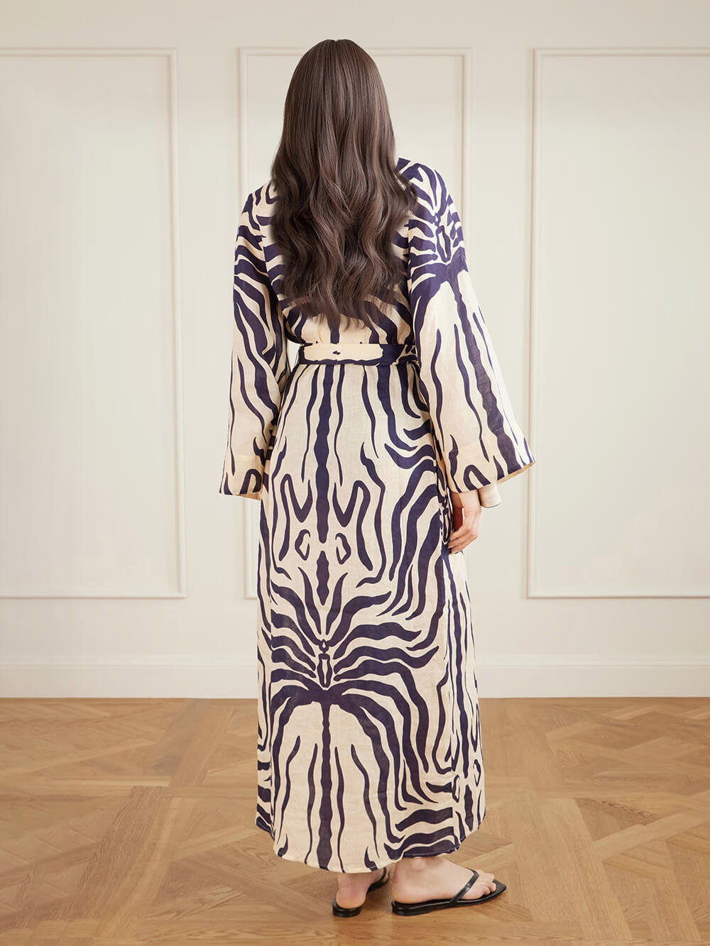 Casual Vacation Tie-Waist Zebra Print Linen Kimono Dress