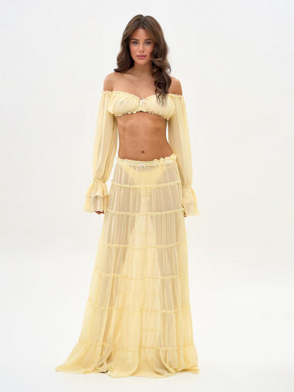 Fashion Off Shoulder Long Bell Sleeve Crop Top and Elastic Waist Layered Cover-up Maxi Skirt Set