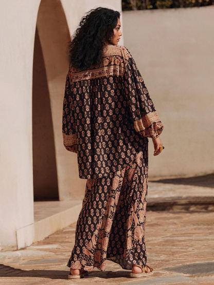 Boho Printed Draped Loose Button-Up Shirt