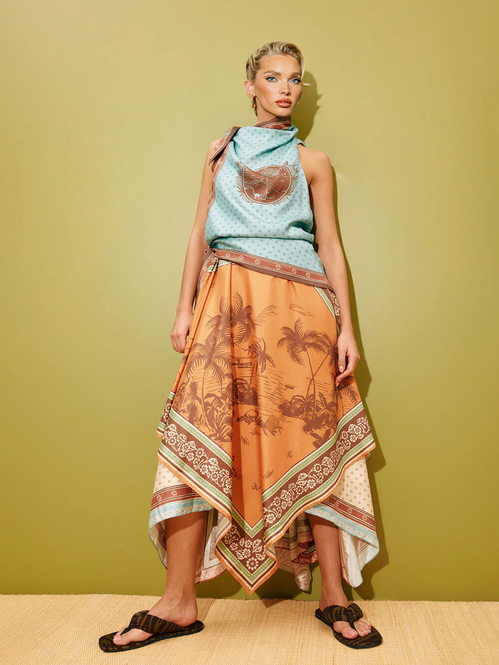 Retro Fashion Printed Scarf-Style Waist Tie Design Midi Dress