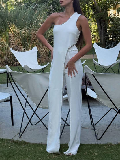 Exquisite Asymmetric Sequin-Panel One-Shoulder Long Tank Top