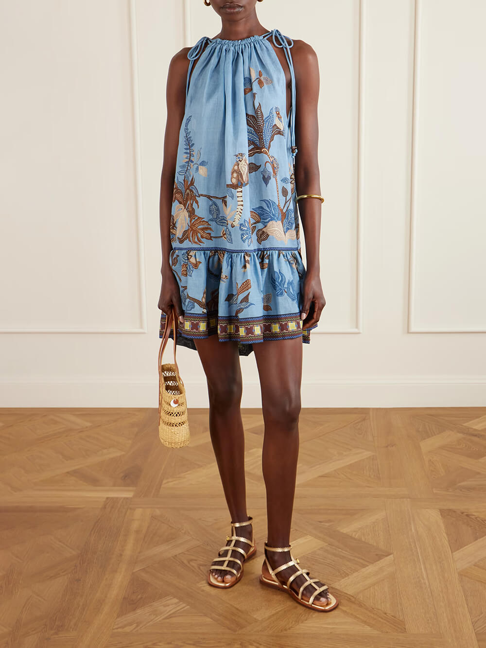 Unique Floral Print Linen Tiered Mini Dress