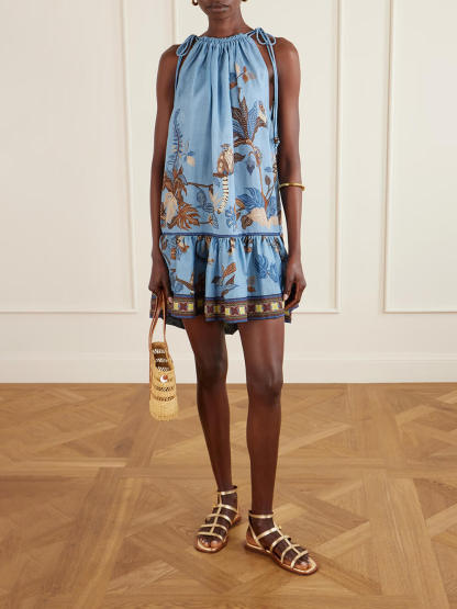 Unique Floral Print Linen Tiered Mini Dress