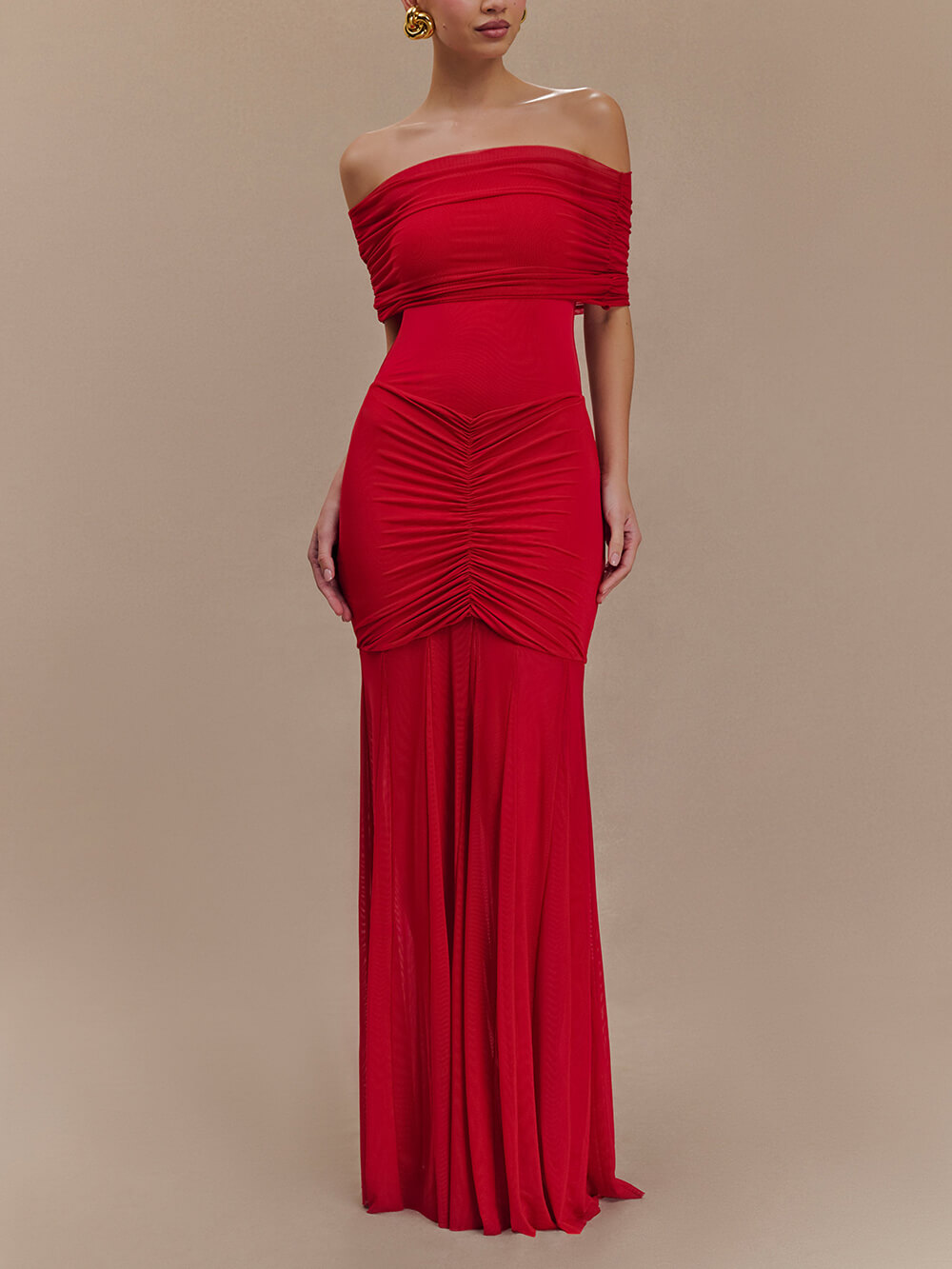Exquisite Alluring Off-Shoulder Mesh Ruched Bodycon Maxi Dress