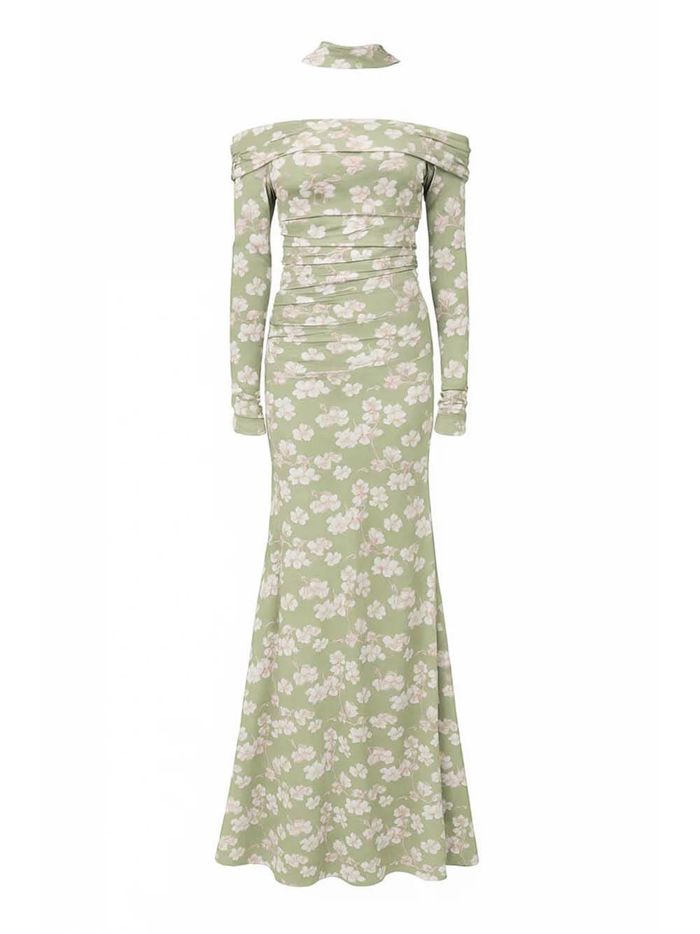 Elegant Floral Print Off-Shoulder Ruched Waist Maxi Dress