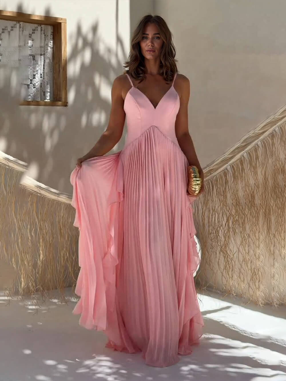 Delicate Pink Layered Patchwork Ruched Party Maxi Dress