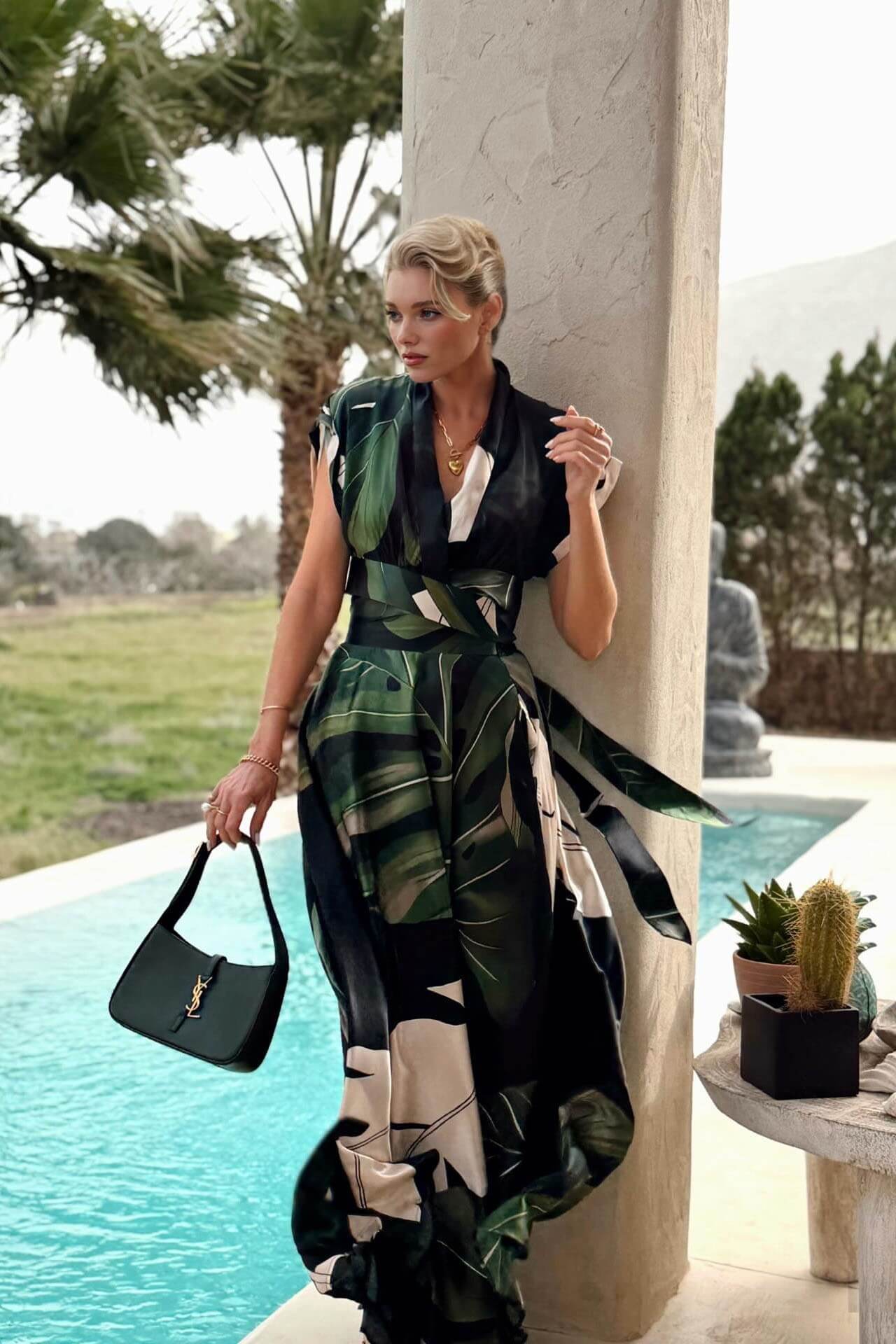 Bohemian Palm Leaf Print Maxi Dress