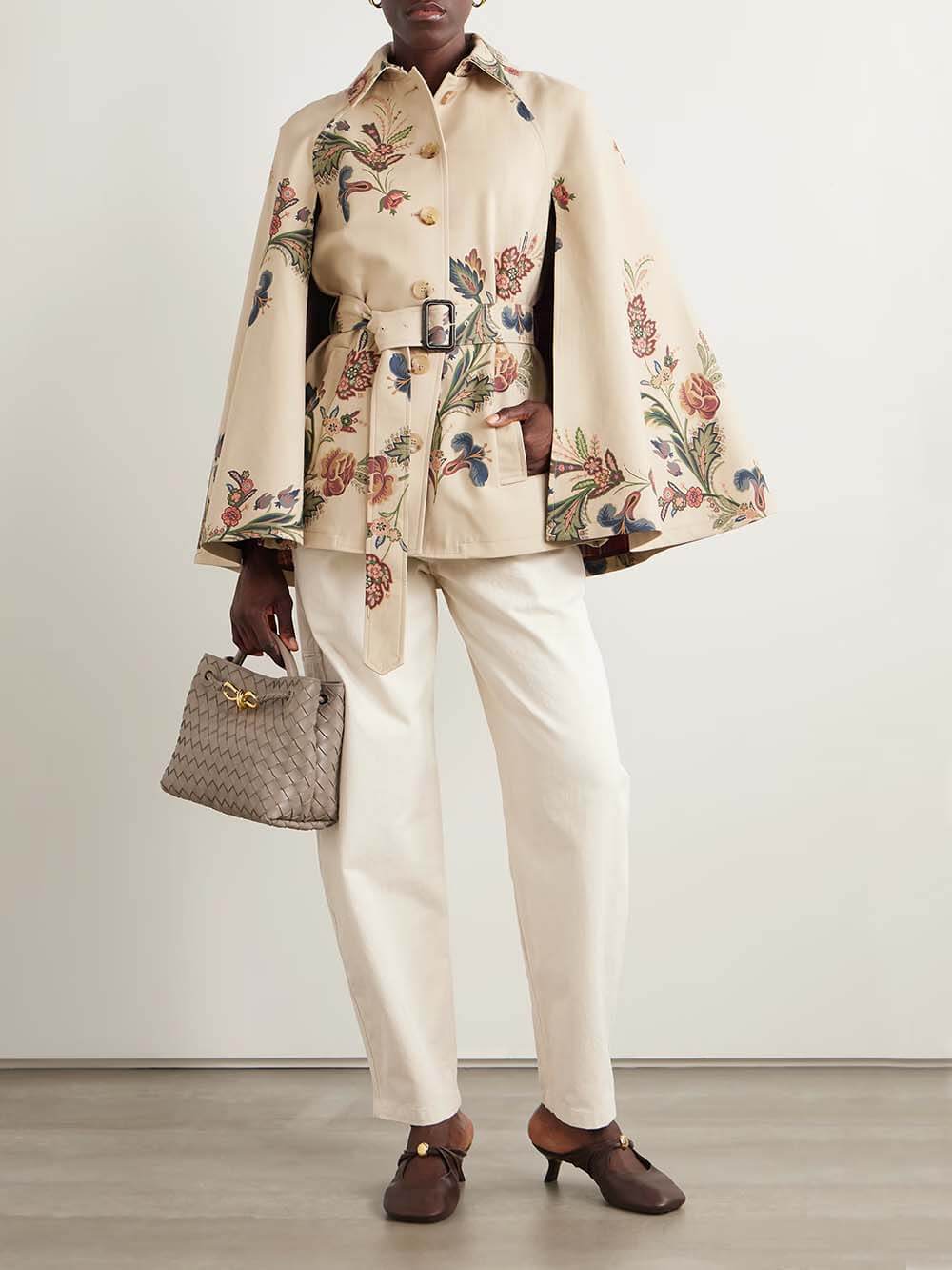 Retro Cape-Effect Belted Print Twill Jacket