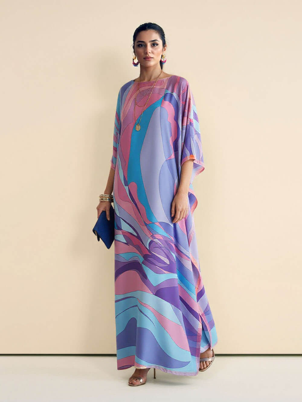 Classic Print Kaftan Kimono Maxi Dress