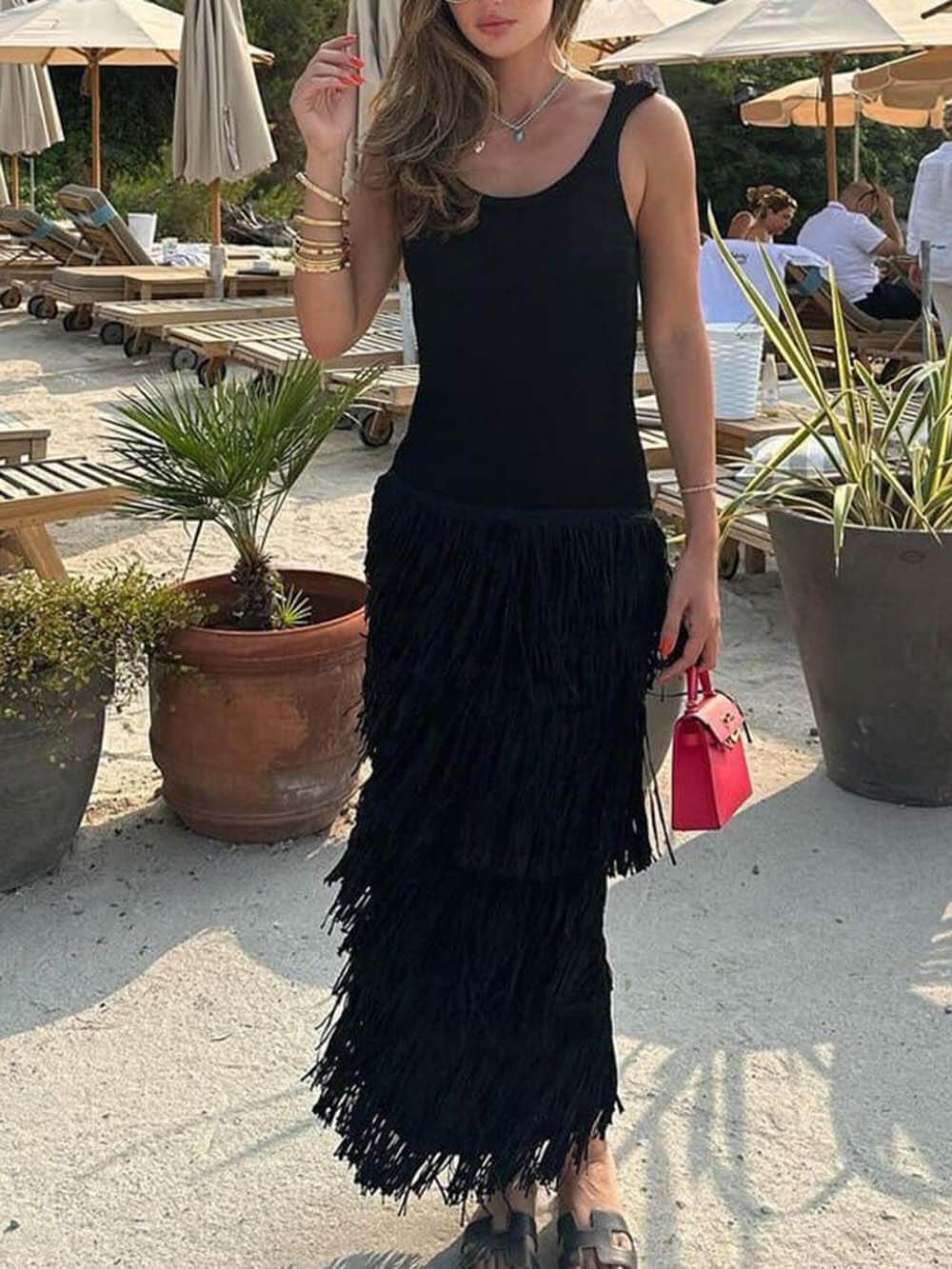 Elegant Solid Color Sleeveless Slim Fit Fringed Hem Knitted Maxi Dress
