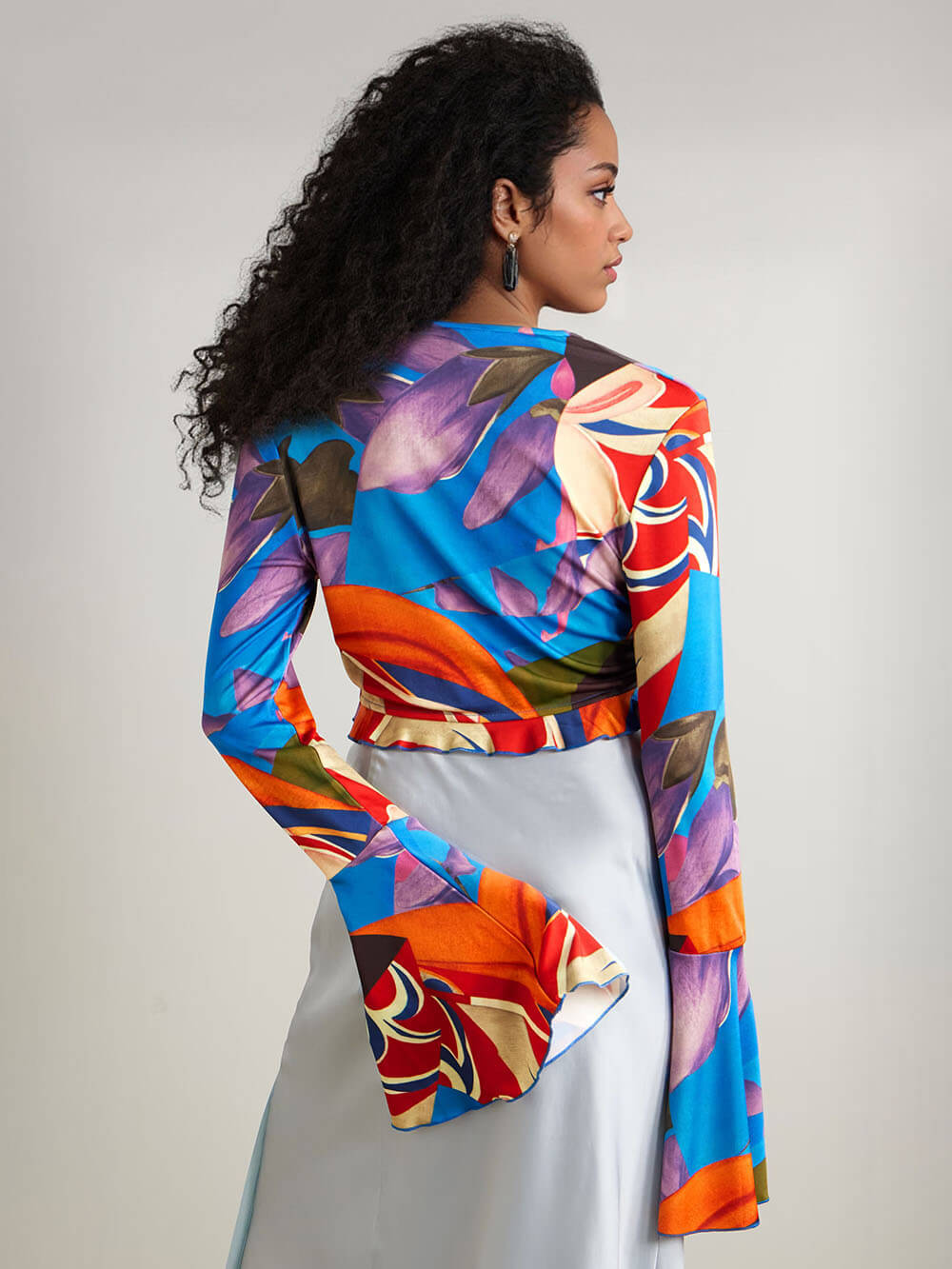 Unique Printed Satin Bell-Sleeve Top and Shorts Set