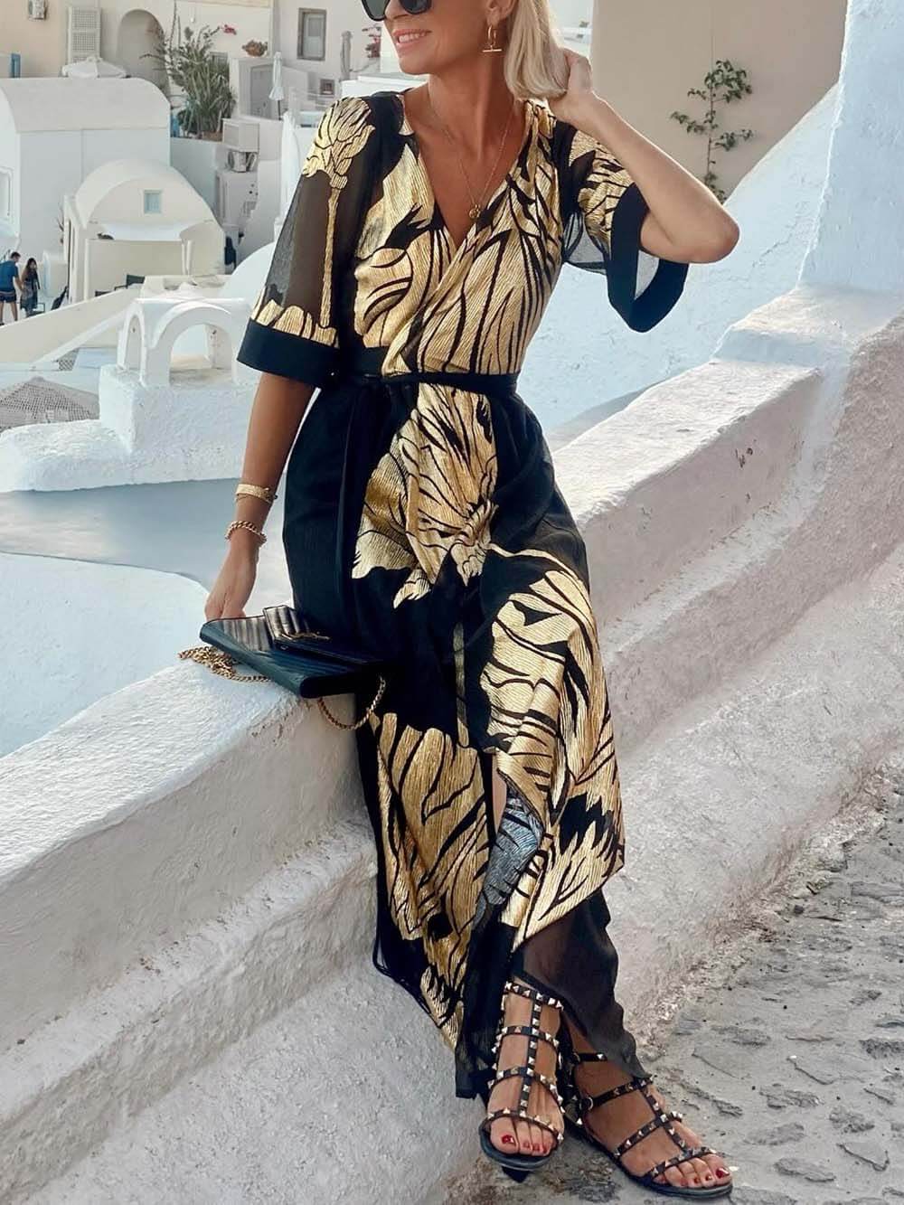 Unique Casual Printed V-Neck Loose Maxi Dress