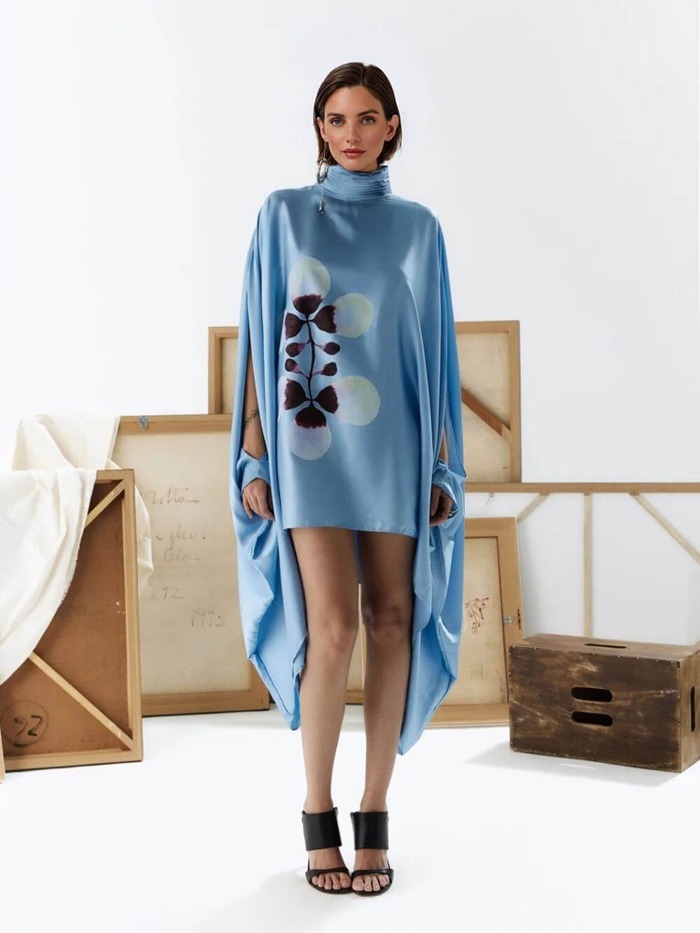 Exquisite Satin Floral Print Pleated High-neck Batwing Cutout Sleeve Loose Mini Dress