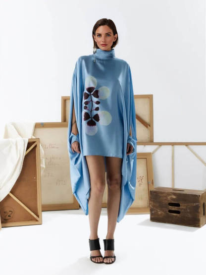 Exquisite Satin Floral Print Pleated High-neck Batwing Cutout Sleeve Loose Mini Dress