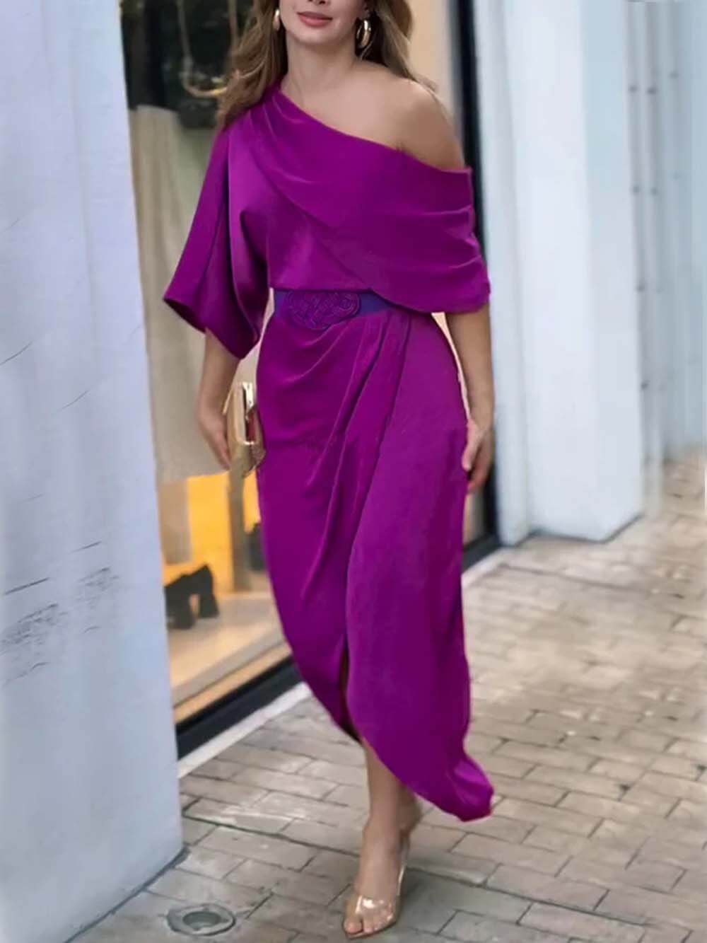 Exquisite Satin Irregular Lapel Neckline Design Ruched Maxi Dress