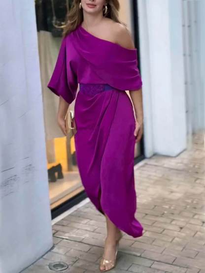 Exquisite Satin Irregular Lapel Neckline Design Ruched Maxi Dress