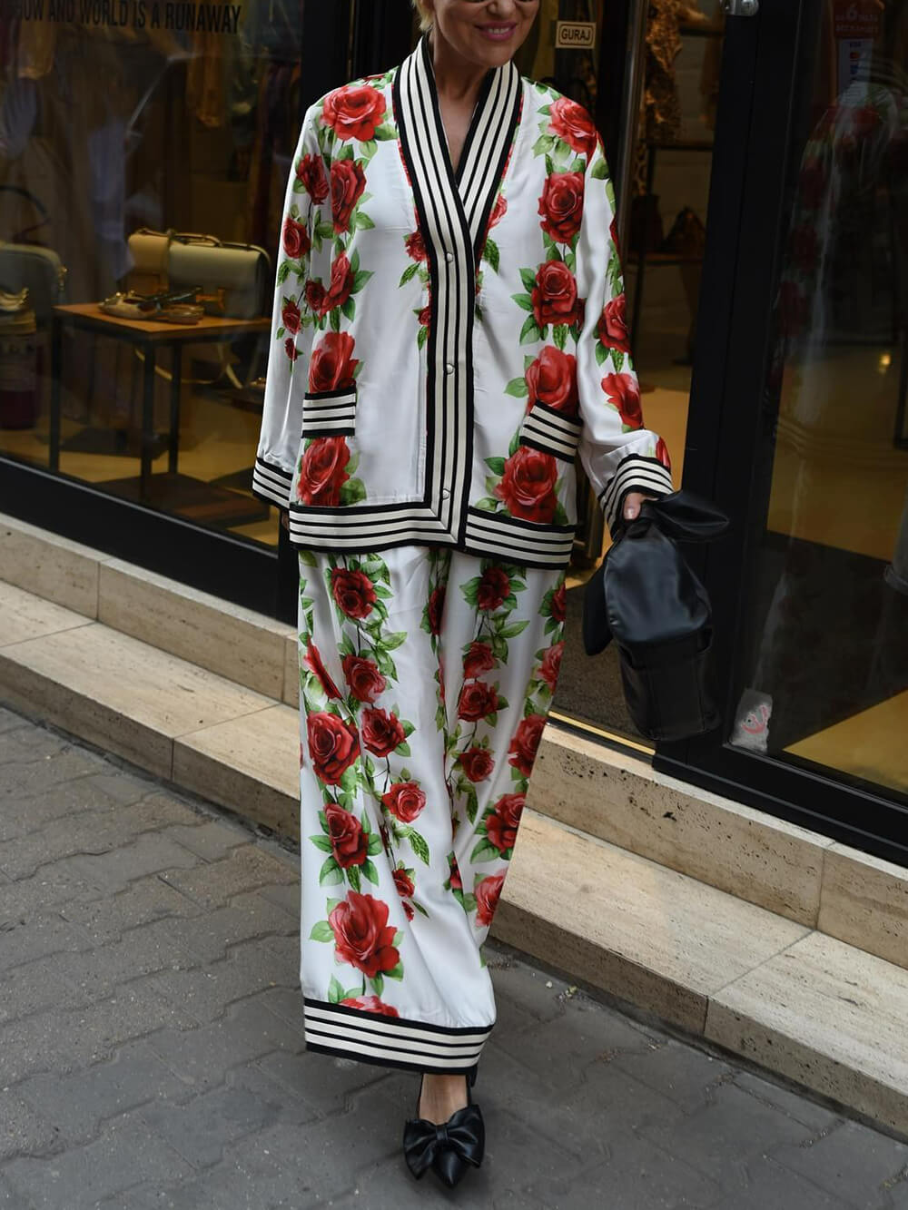 Exquisite Rose Print Ribbon-Trimmed Pockets Elastic Waist Wide-Leg Pants