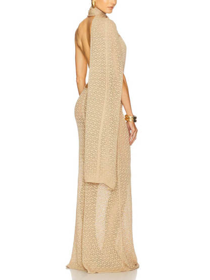 Exquisite Backless Mesh Wrap Scarf Detail Knit Maxi Dress