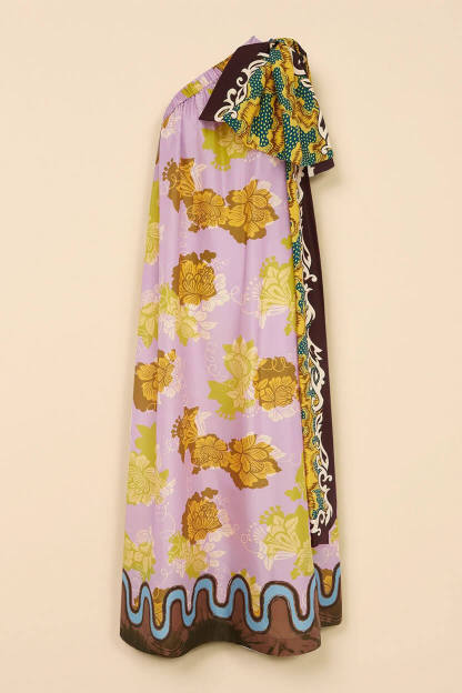 Modern One-Shoulder Printed Satin Bow Maxi Dress