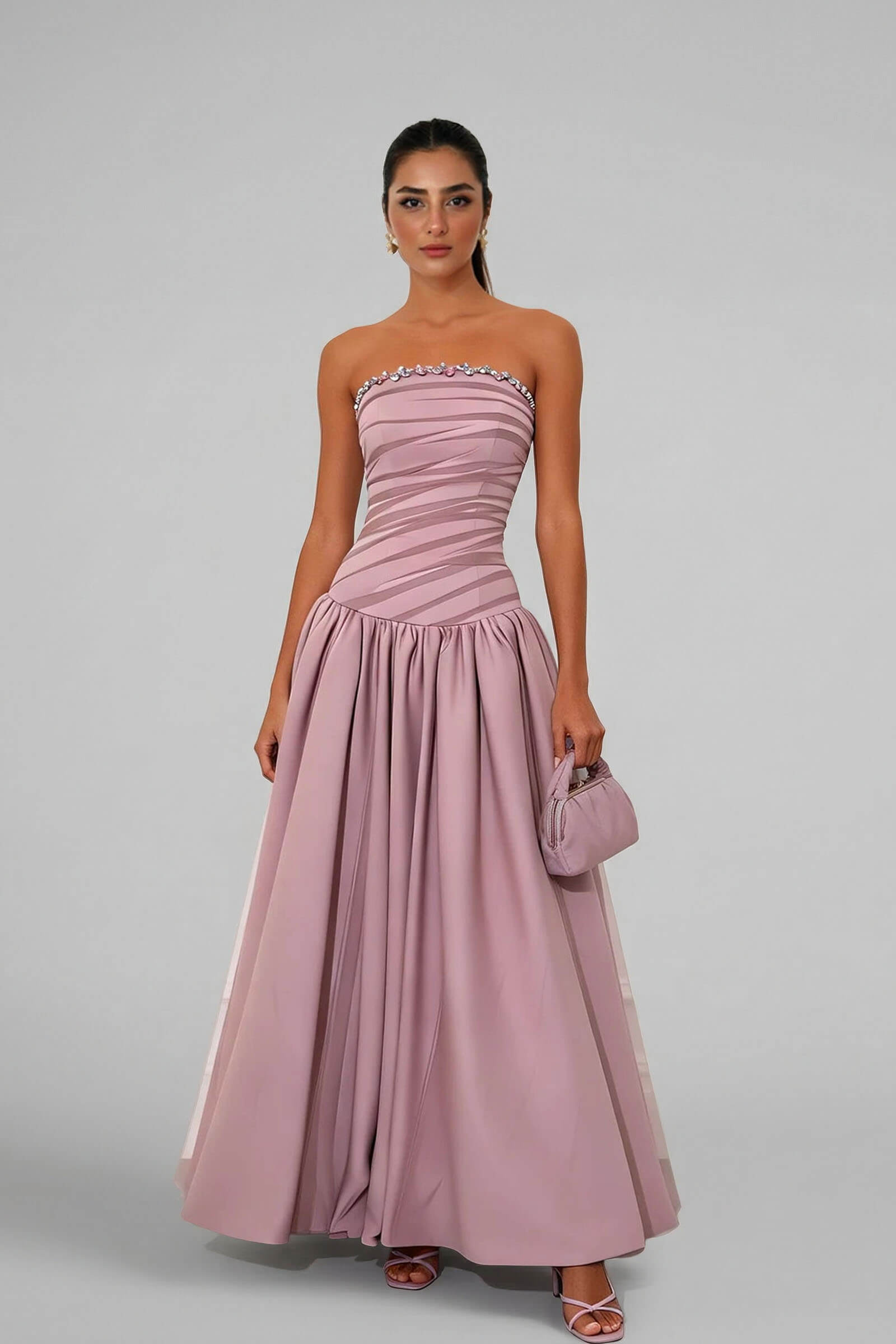 Exquisite Rhinestones Mesh Satin Strapless Sleeveless A-Line Maxi Dress