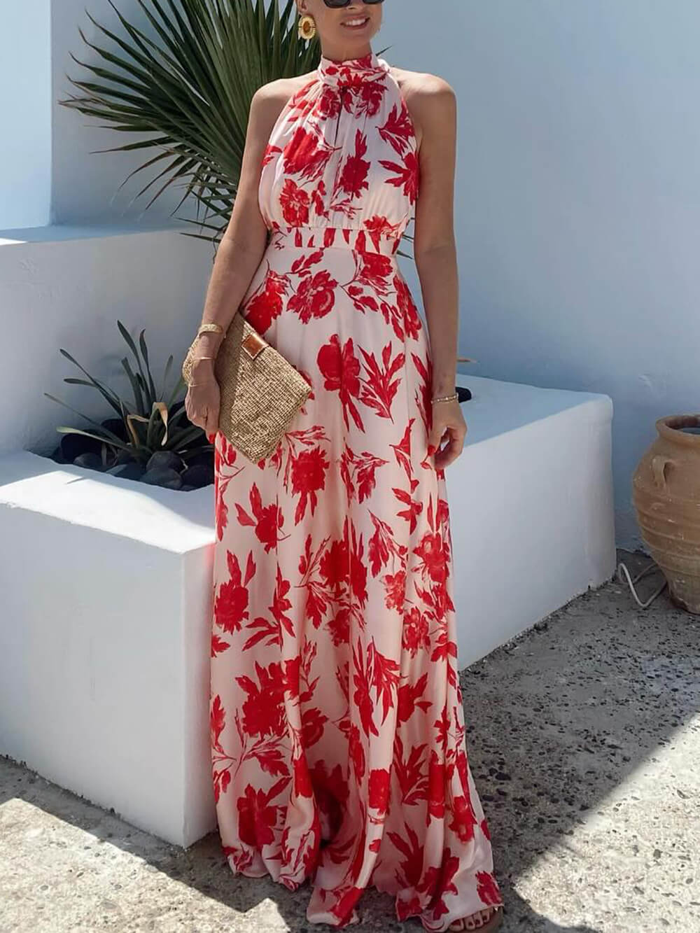 Exquisite Floral Print Waisted Holiday Maxi Dress